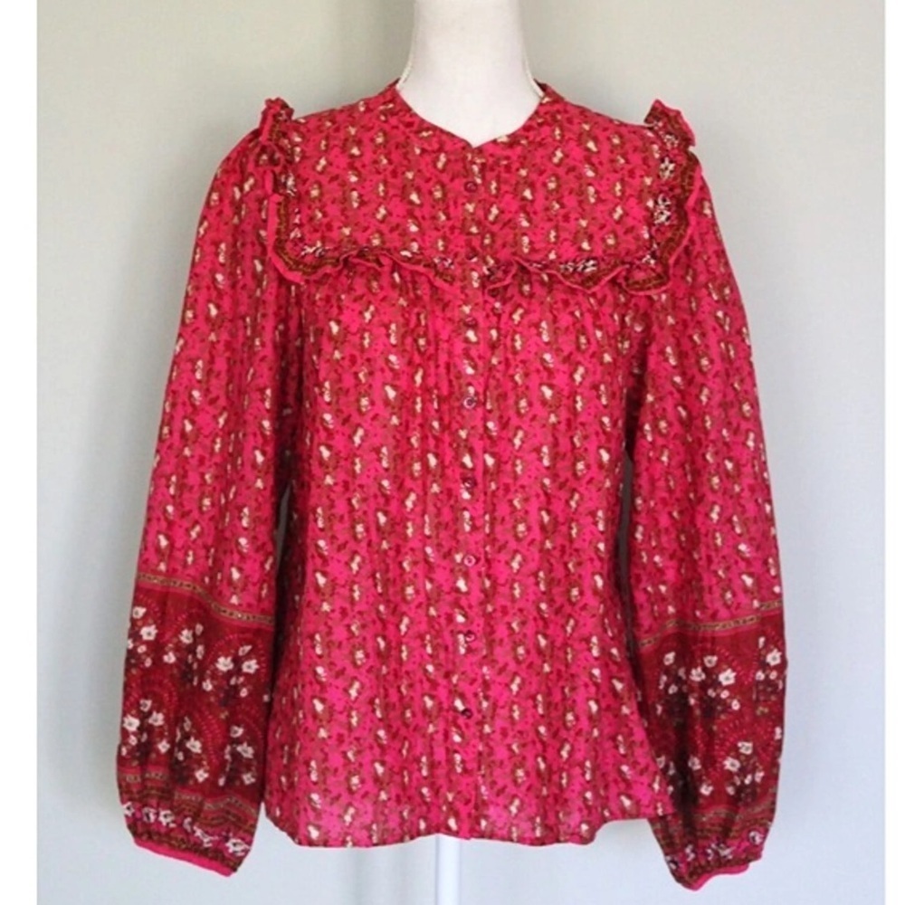 Joie Bright Pink Floral Ruffle Blouse sz L